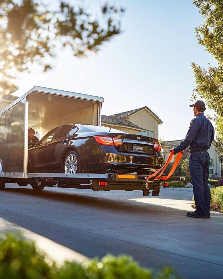 Car loaded on a transport carrier trailer for safe car and bike transport