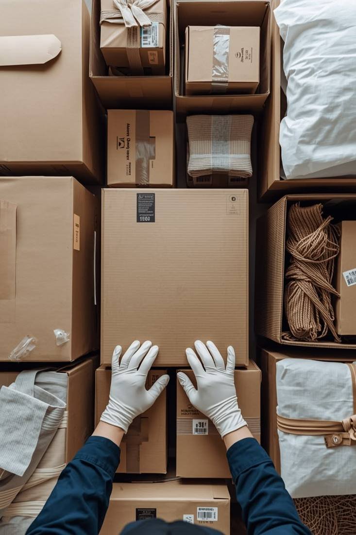 Gloved hands arranging neatly packed cartons for a safe move