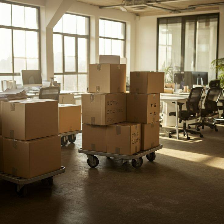 Packed cartons on trolleys inside an office ready for relocation